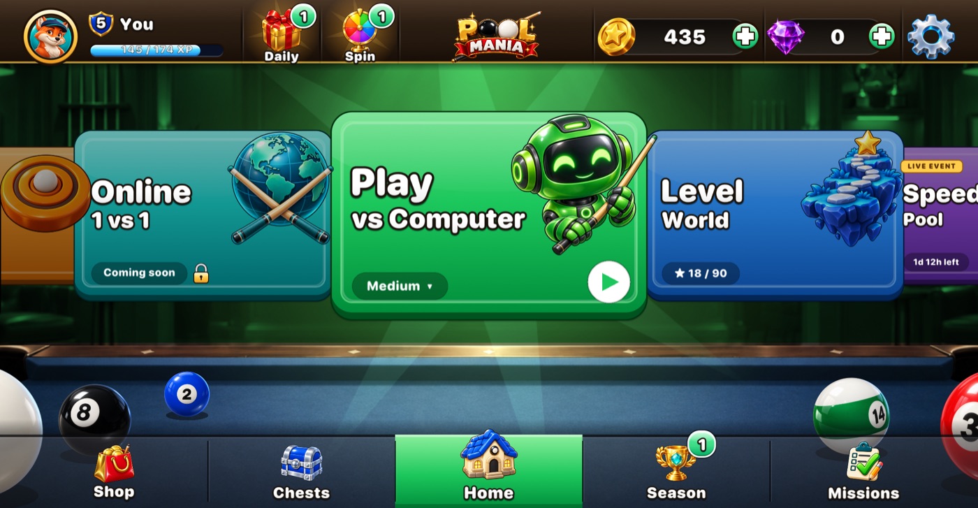 The Pool Mania home screen with mode cards: Online 1 vs 1, Play vs Computer and Level World